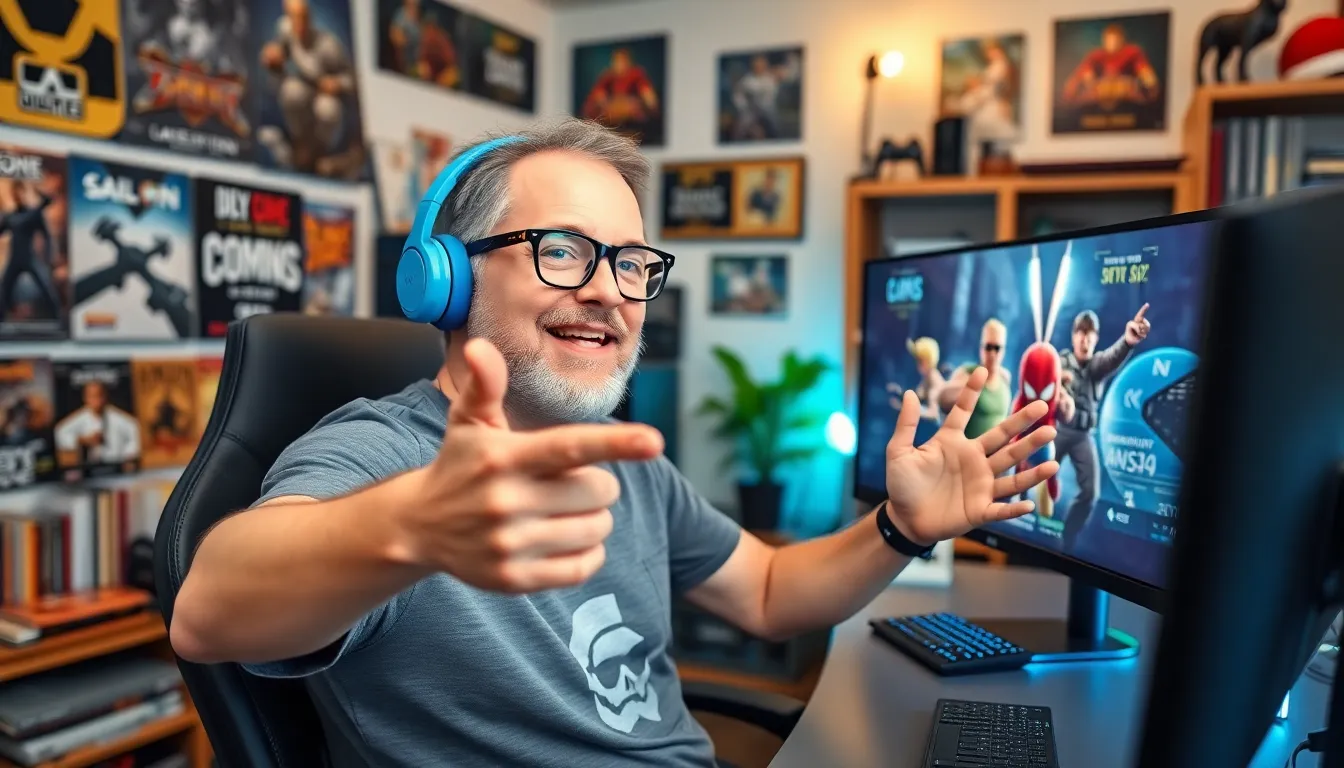 Larry engaging his audience in a vibrant gaming room.