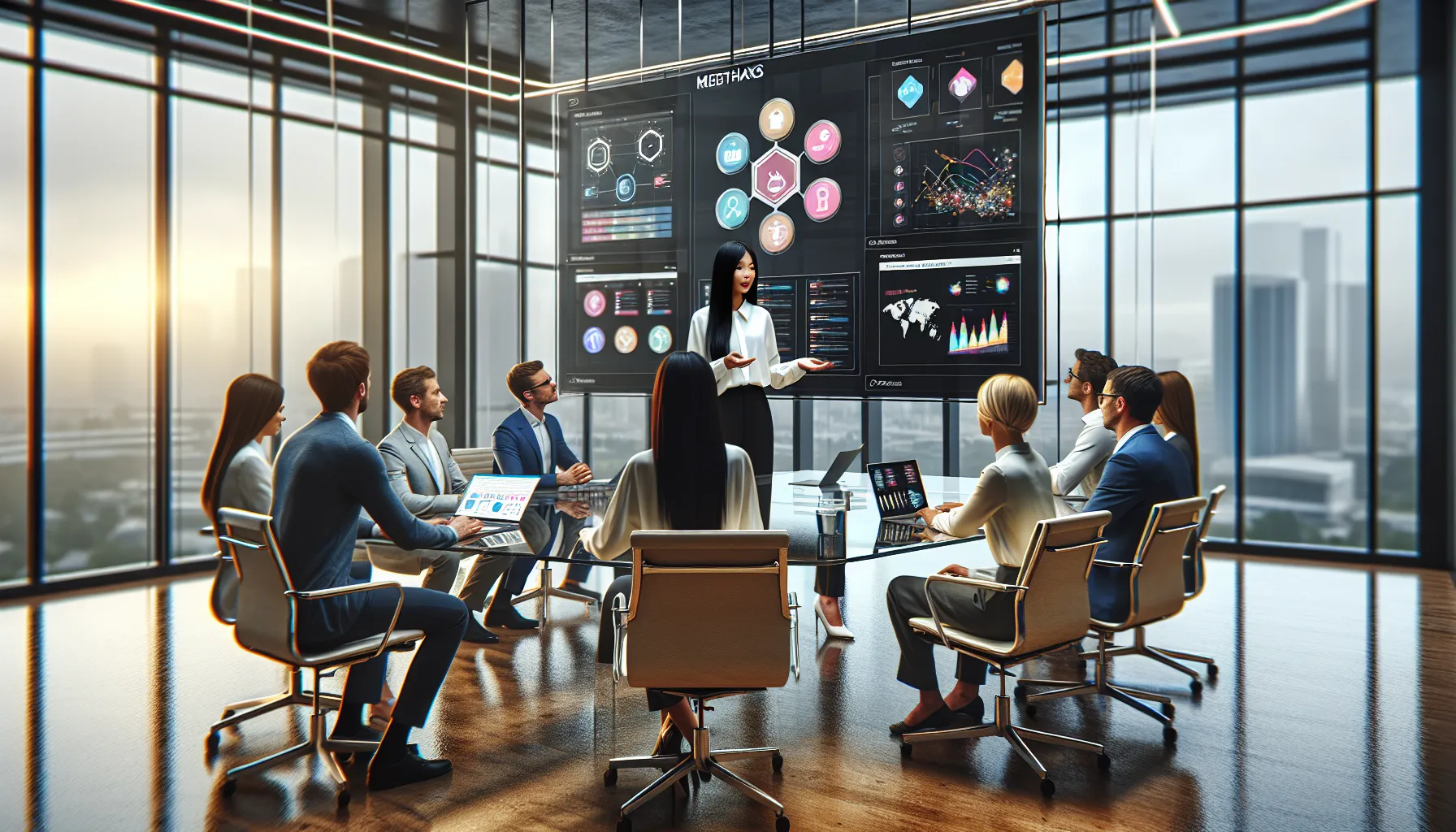 professionals collaborating on MeetShaxs software in a modern office.