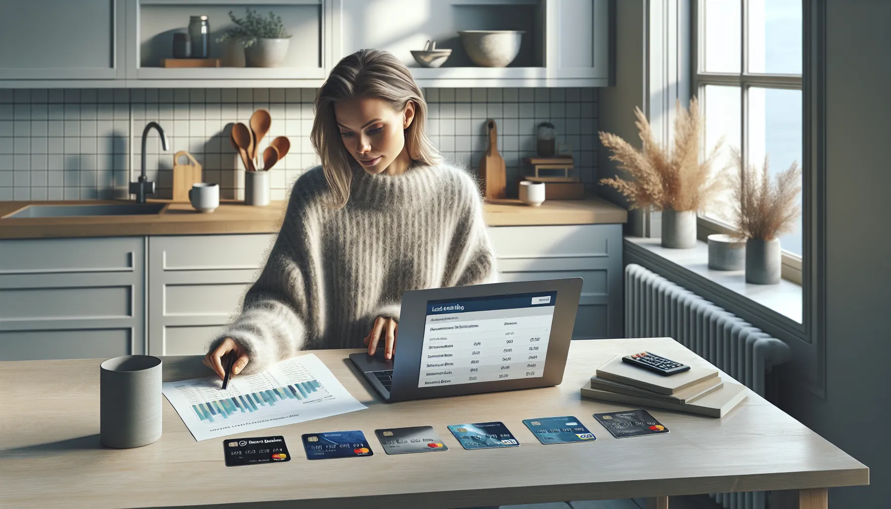 Norwegian woman analyzing spending on laptop to choose best cashback credit cards.