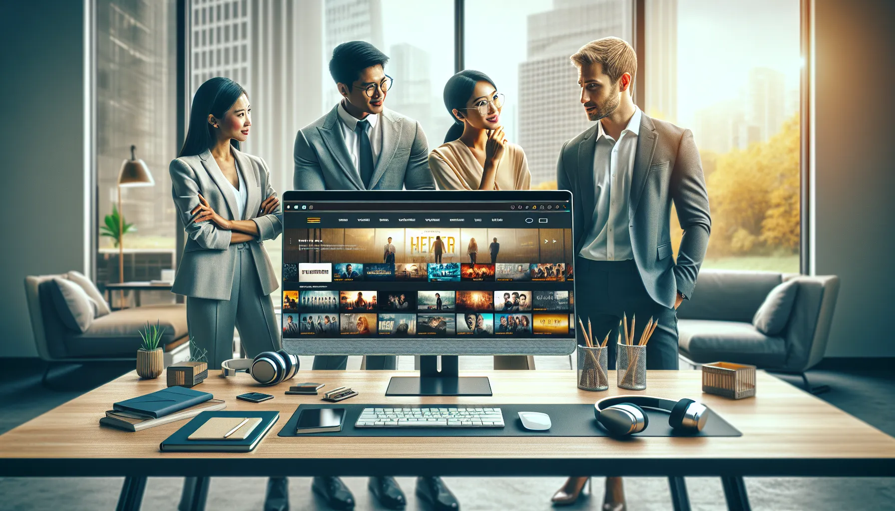 Afilmy Hit .com: Your Go-To Source for Movies 8 professionals discussing movies on a computer screen in a modern office.