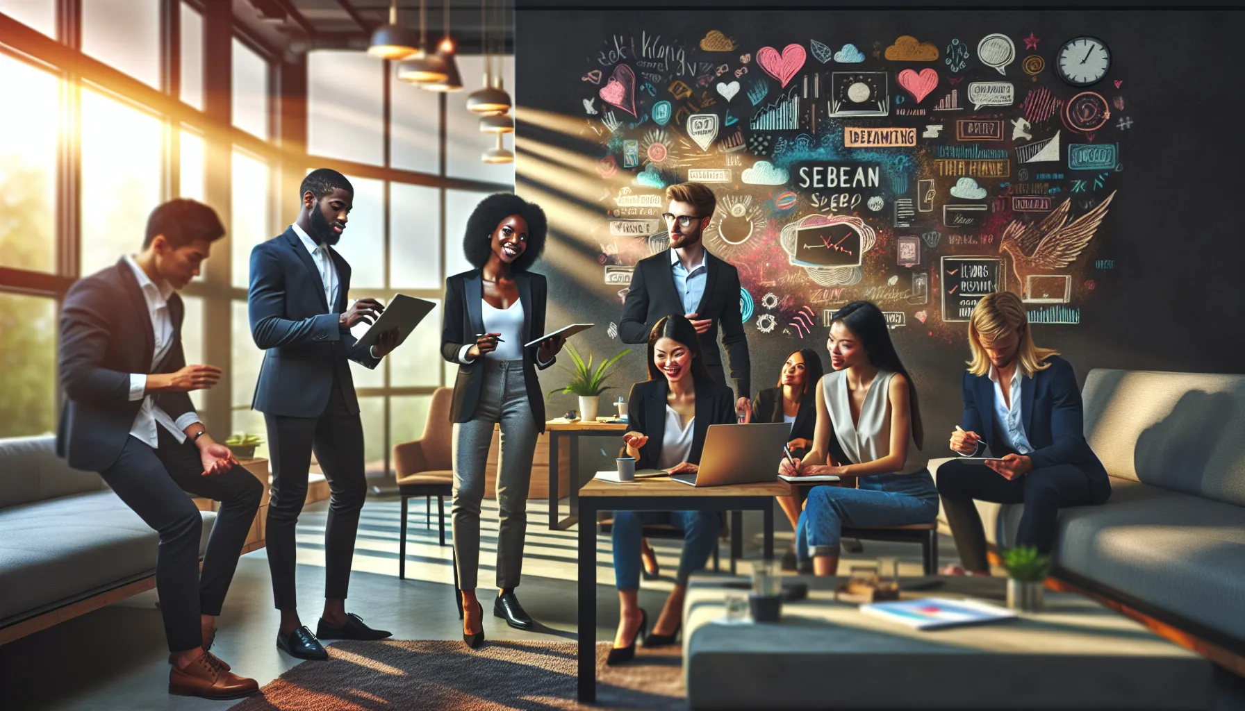 diverse team collaborating in a vibrant modern office space.