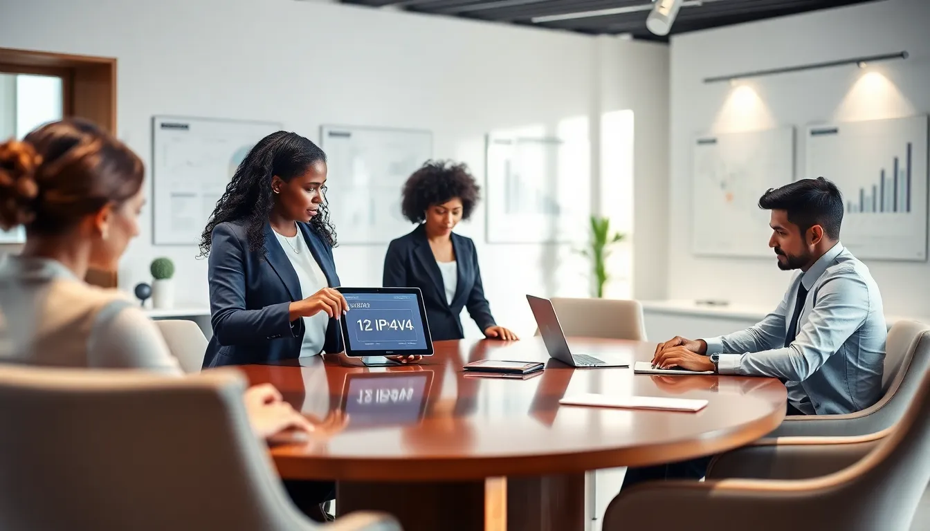 diverse IT team discussing IP addresses in a modern office.