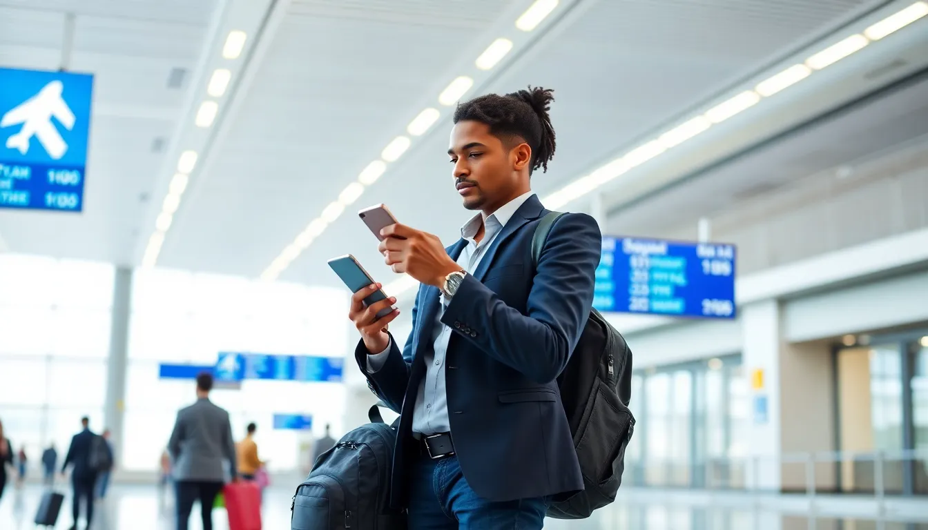 traveler in an airport using a smartphone with a modern backpack.
