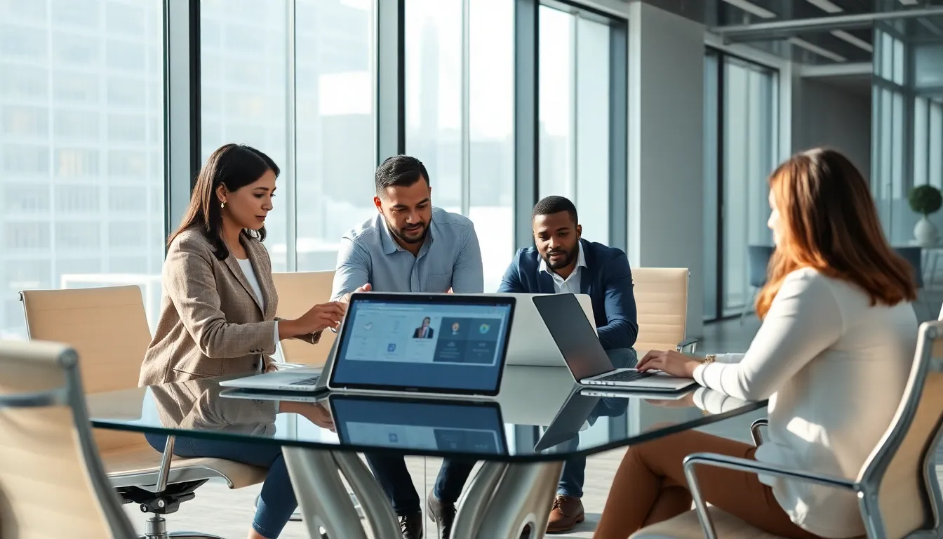 diverse team collaborating on an open source low code platform in a modern office.