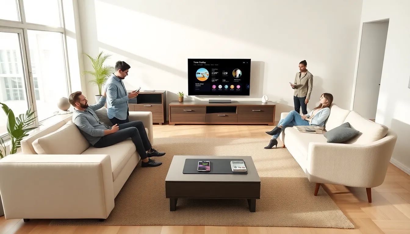modern living room with smart furniture and diverse professionals.