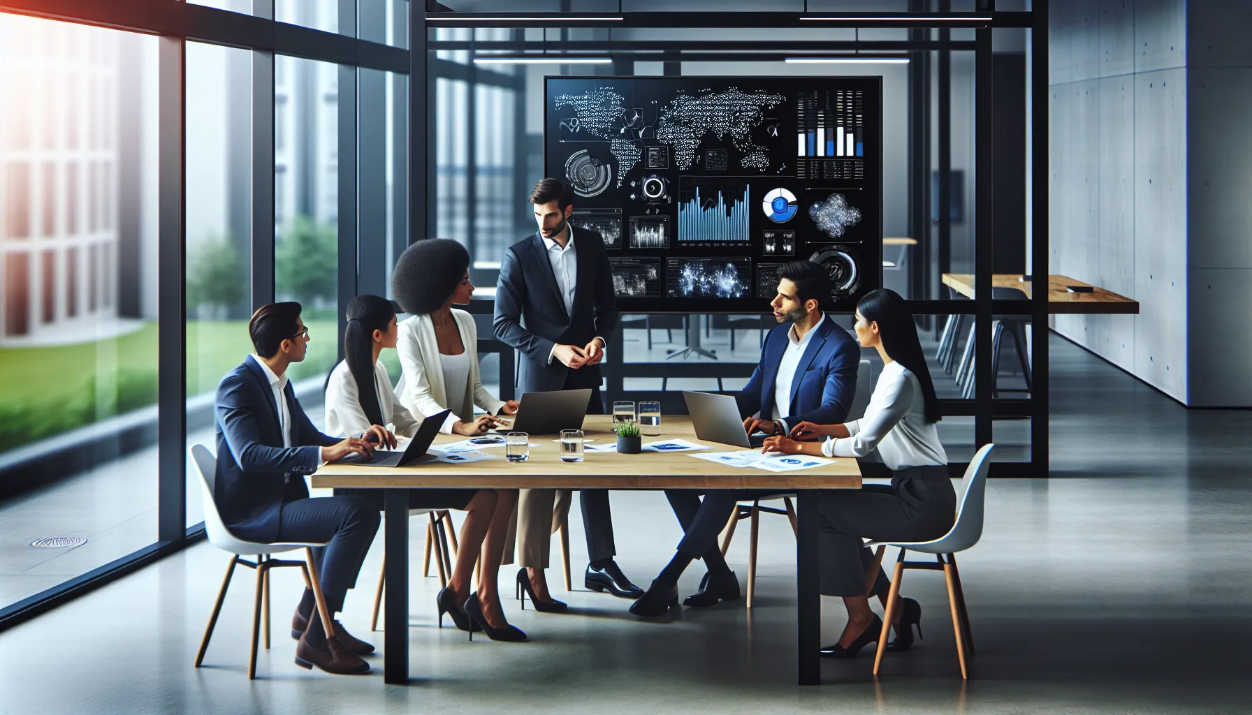 diverse team discussing data applications in a modern office.