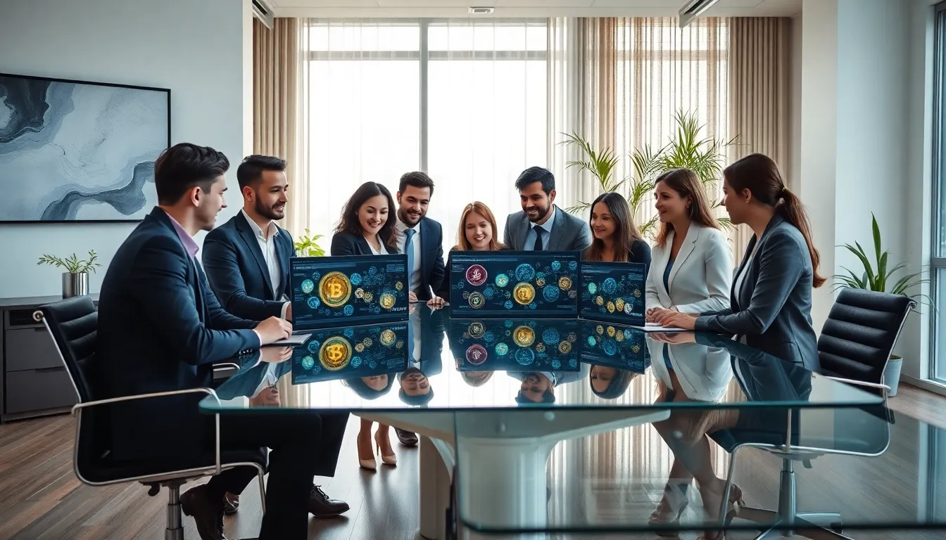professionals discussing crypto coins in a modern office.