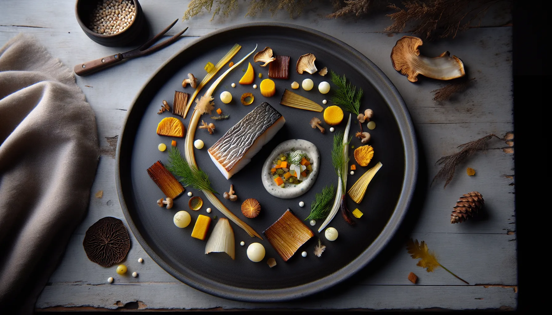 Modern-plated skrei with roasted roots, dill oil, pickles, and barley.