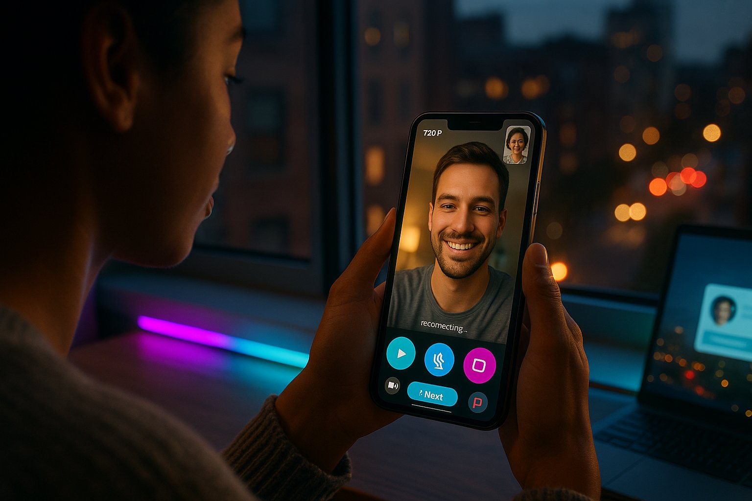 Person holding phone showing fruzo video chat with colorful UI controls.