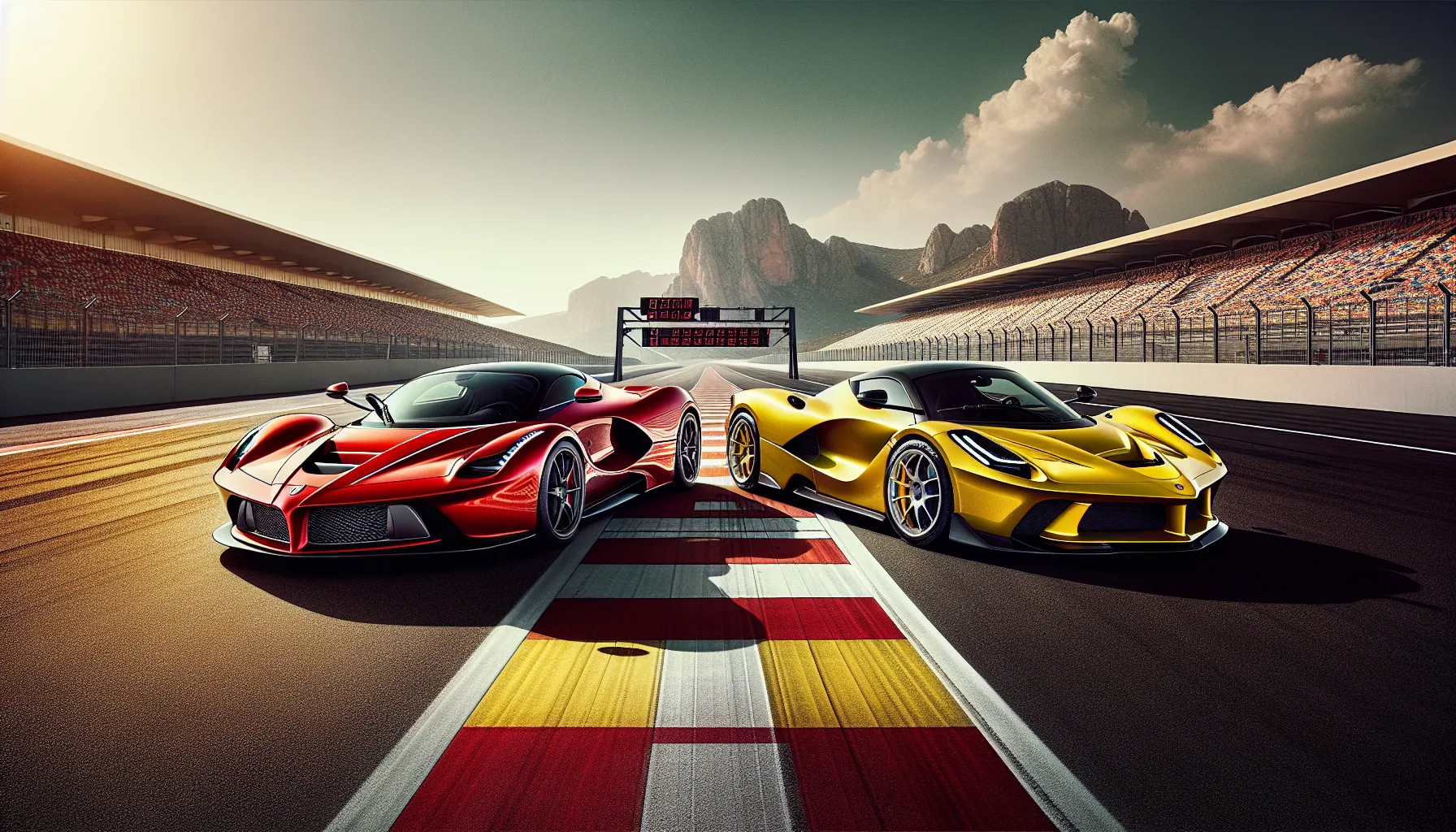 A Ferrari and Lamborghini parked on a racetrack under a sunny sky.