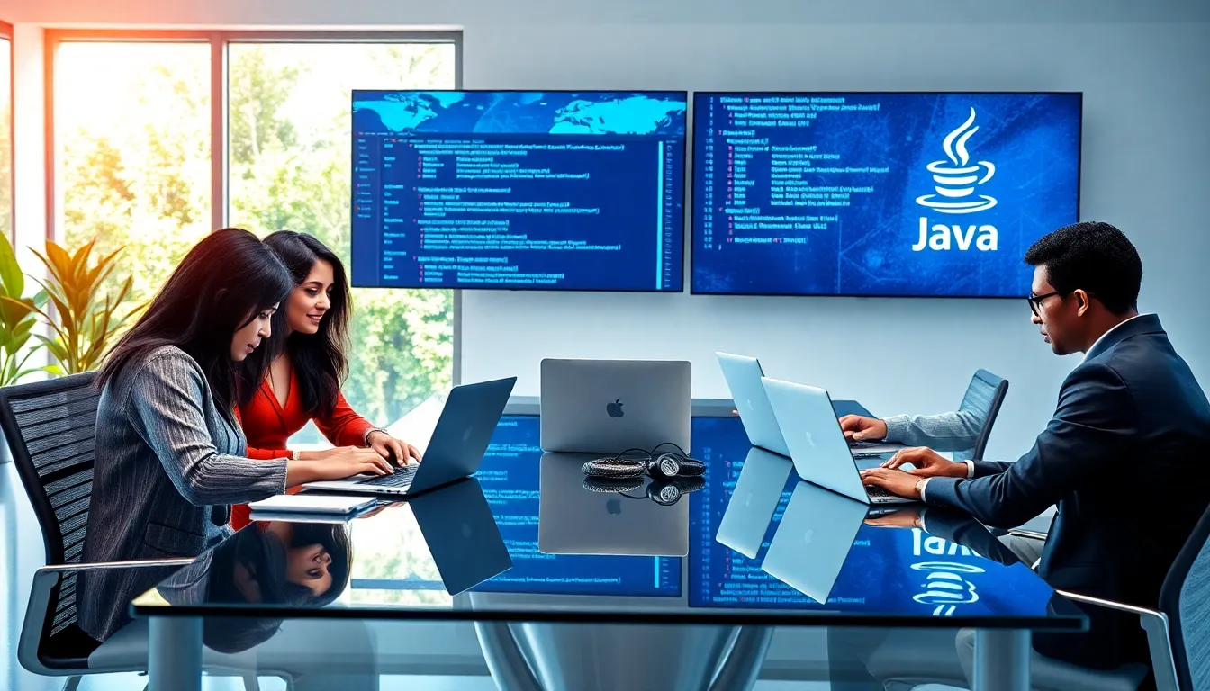 diverse team collaborating on Java software development in a modern office.
