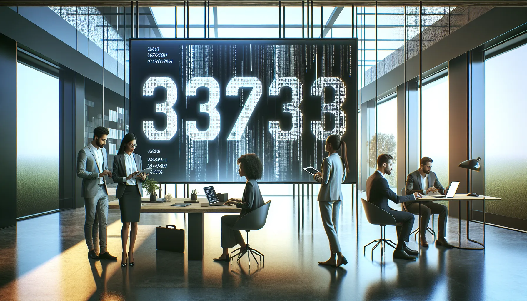 professionals collaborating in a modern office with digital displays of 3372103287.