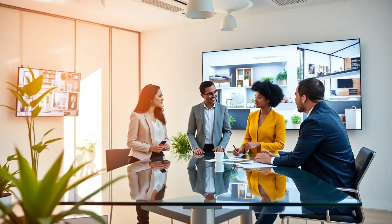 diverse team strategizing home renovation marketing in a modern office.