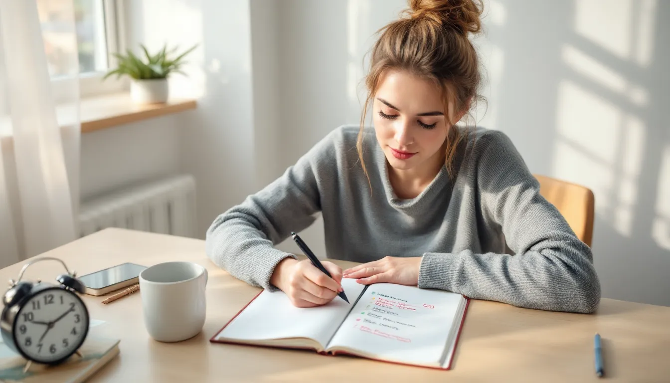 Woman reviewing a handwritten time audit notebook at a sunlit desk.