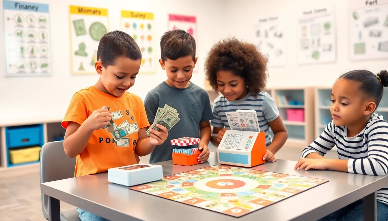 children learning about money in a modern classroom setting.