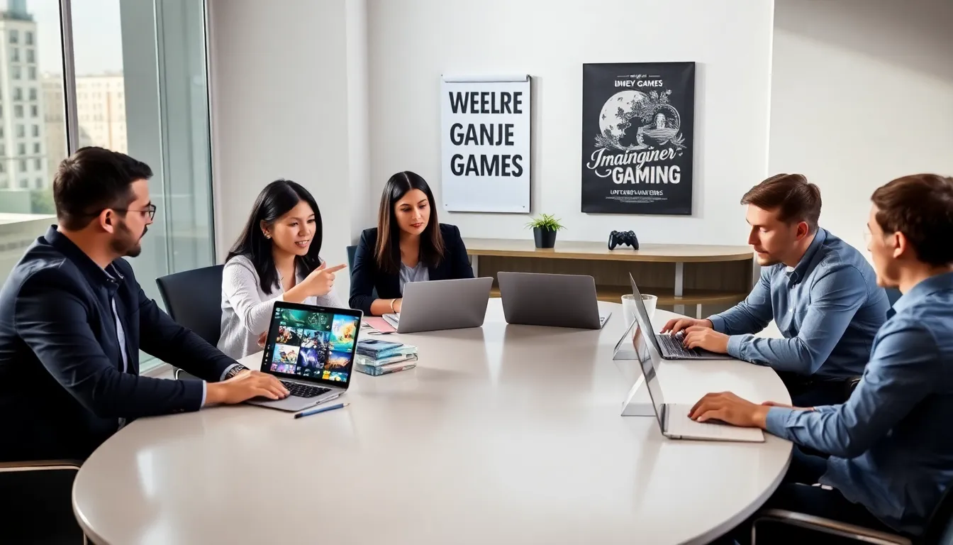 diverse professionals collaborating in a modern office about Imagineer Games.