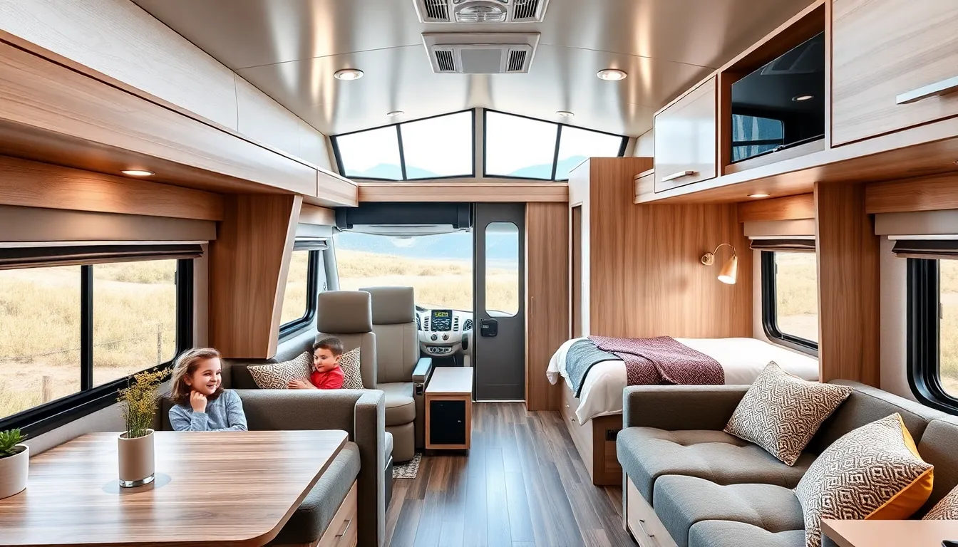 interior view of a modern RV with two bedrooms.