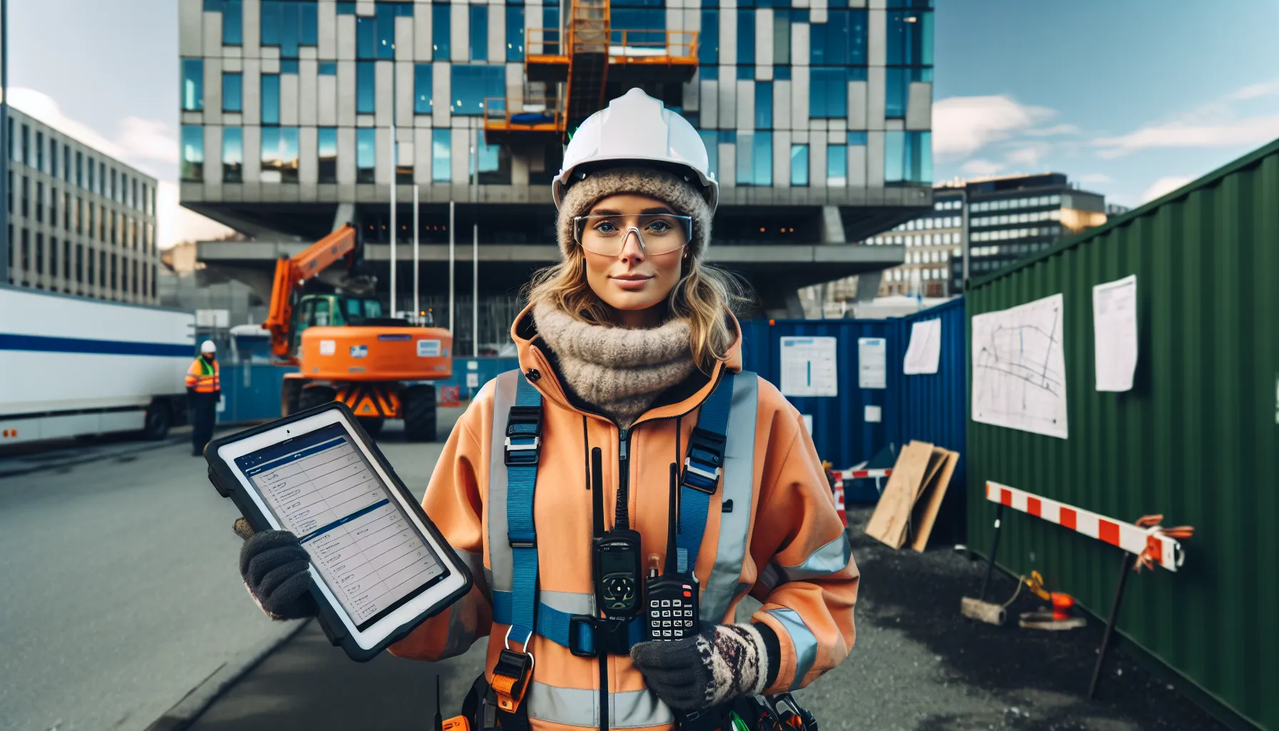 Young norwegian tradeswoman leads team on oslo site, showcasing certifications and fagbrev.