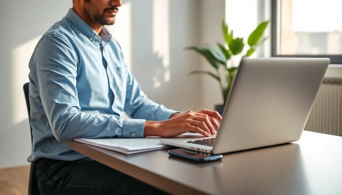 A man reviewing a privacy policy document at a modern office desk.