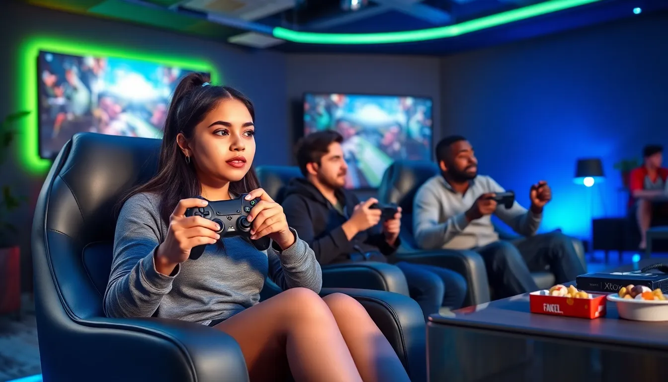 diverse group of gamers enjoying Xbox in a modern gaming lounge.