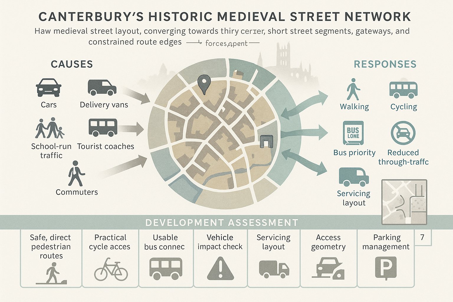 Infographic of Canterbury’s historic streets shaping transport choices and development planning.