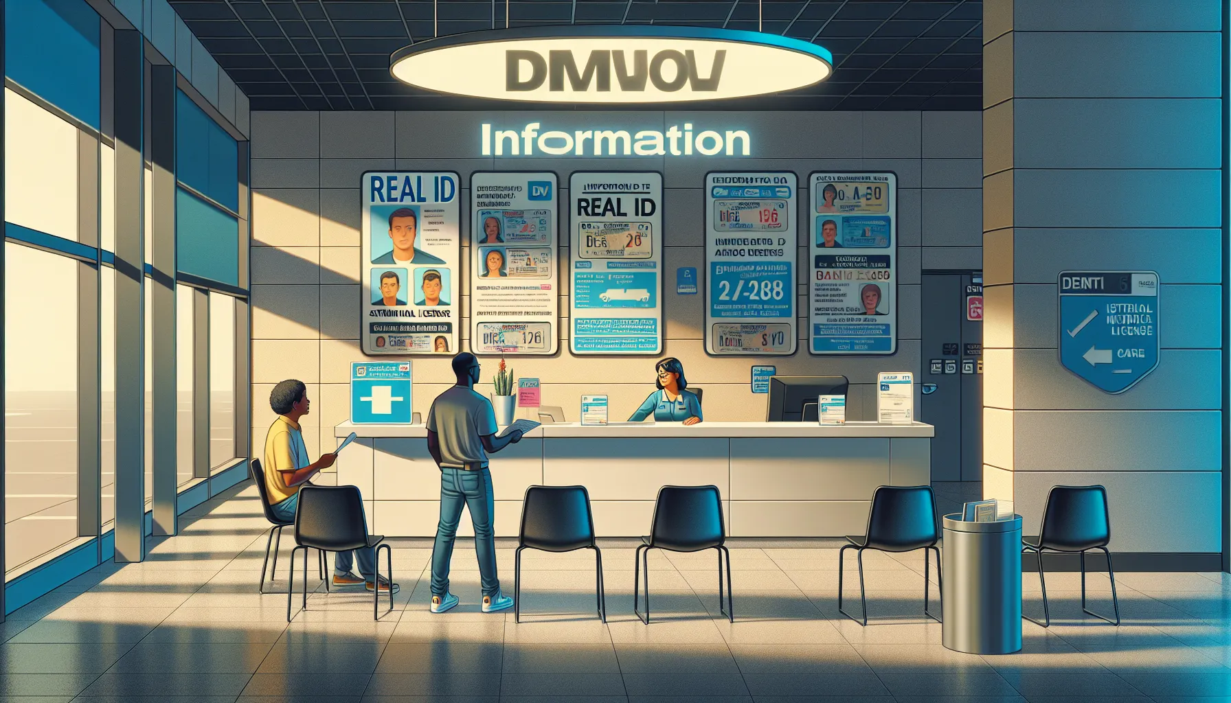 A DMV desk showing REAL ID and standard license documents being discussed.