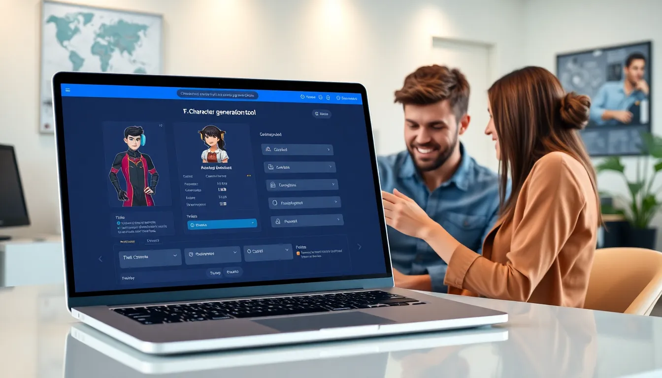 Two users engaging with a character generation tool on a laptop.