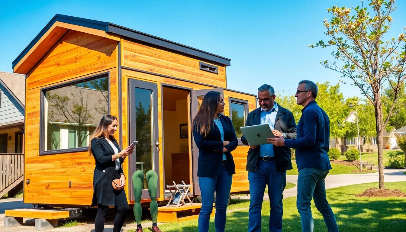 tiny home in Tyler, TX, with diverse people discussing its interior.