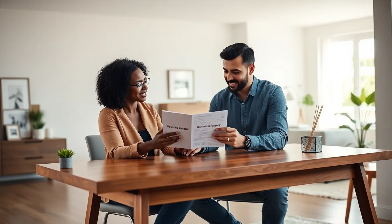 diverse couple discussing homeowners insurance in a modern office.