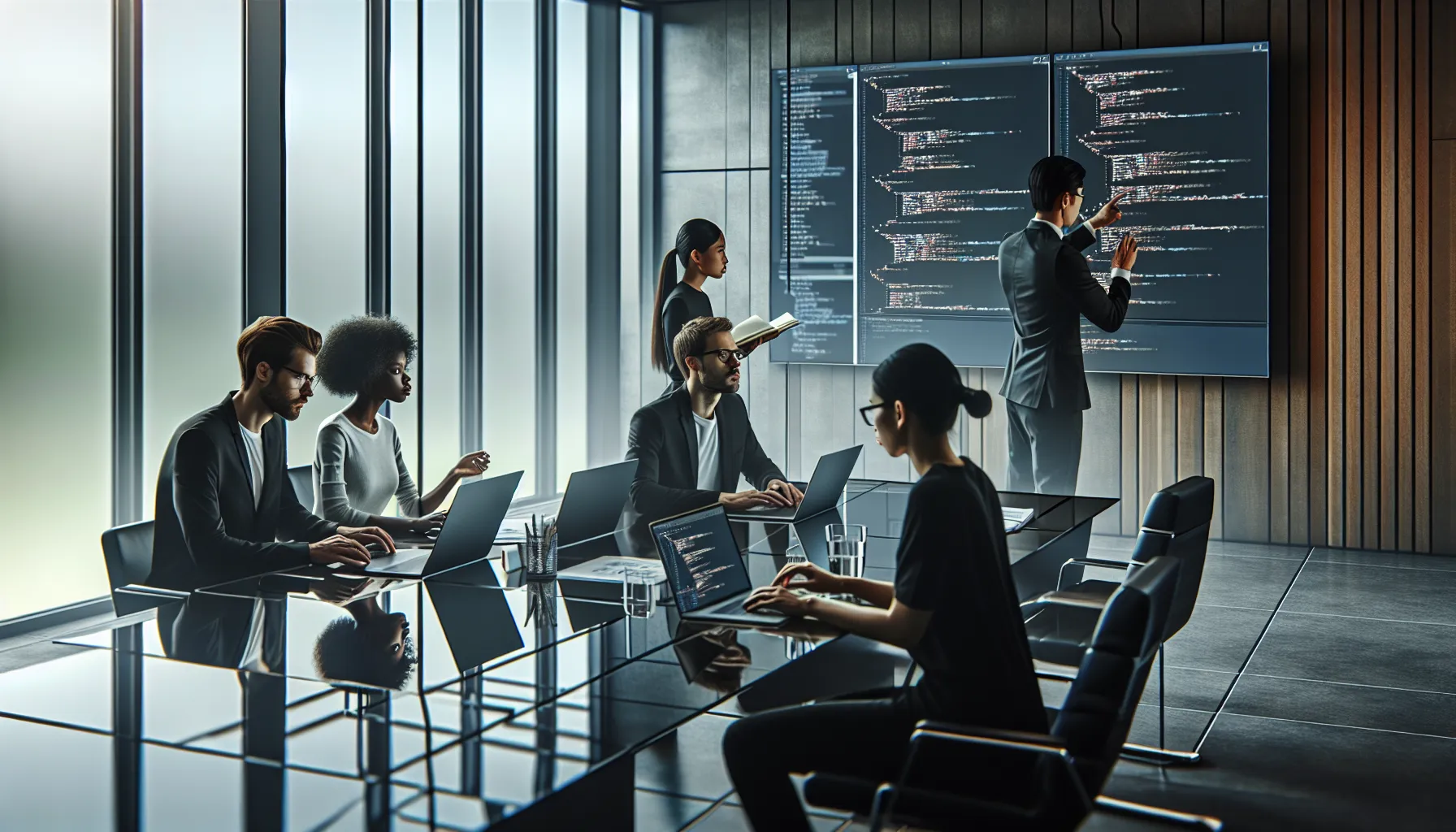 diverse team troubleshooting code in a modern office.