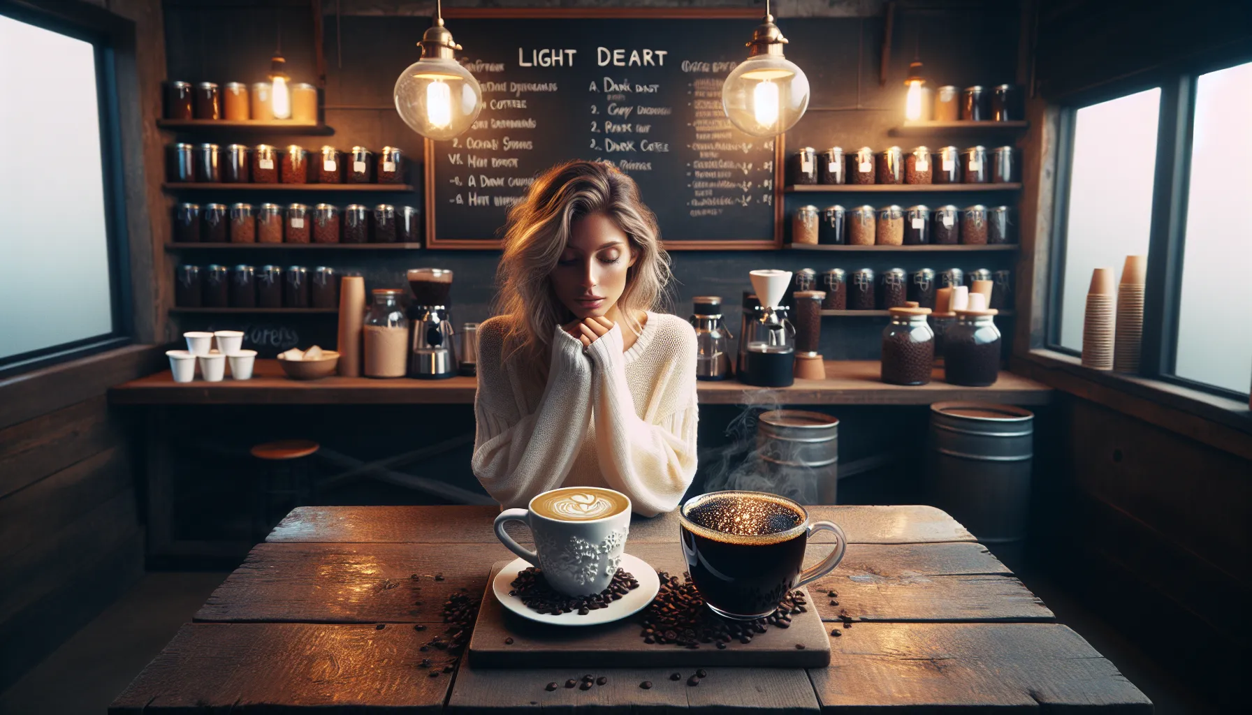 a woman enjoying light and dark coffee in a cozy cafe.