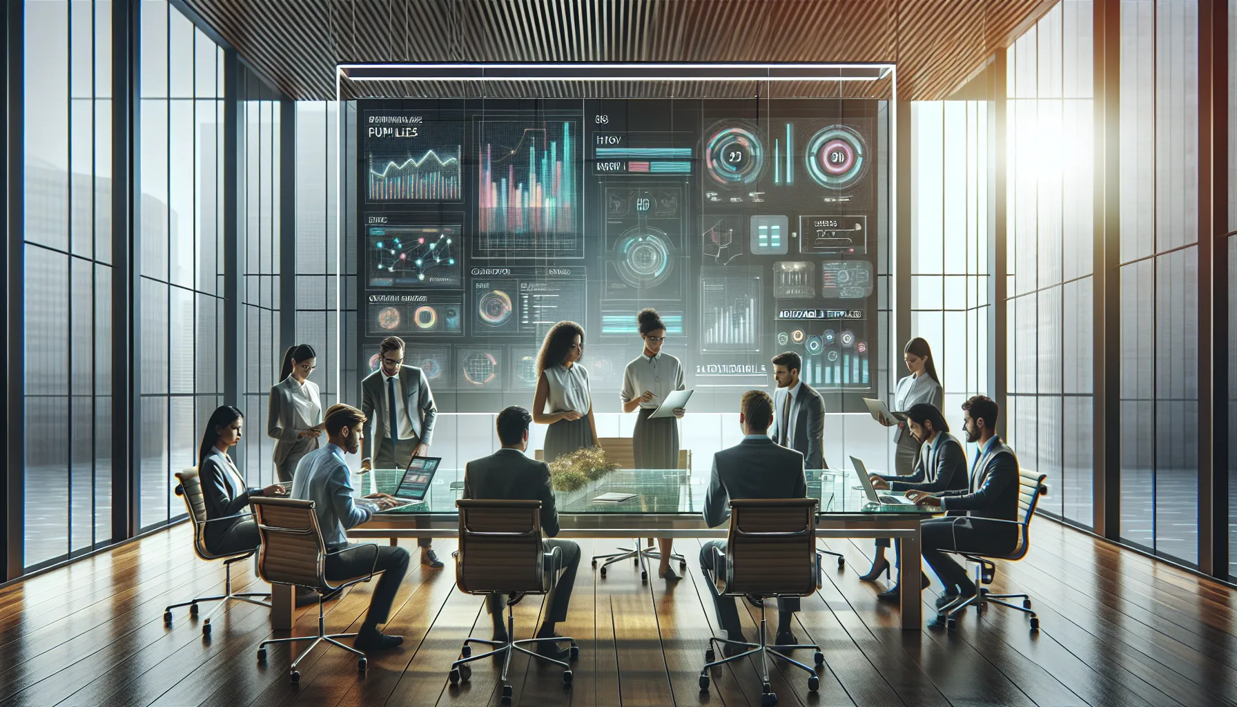 diverse team collaborating in a modern office with digital tools.