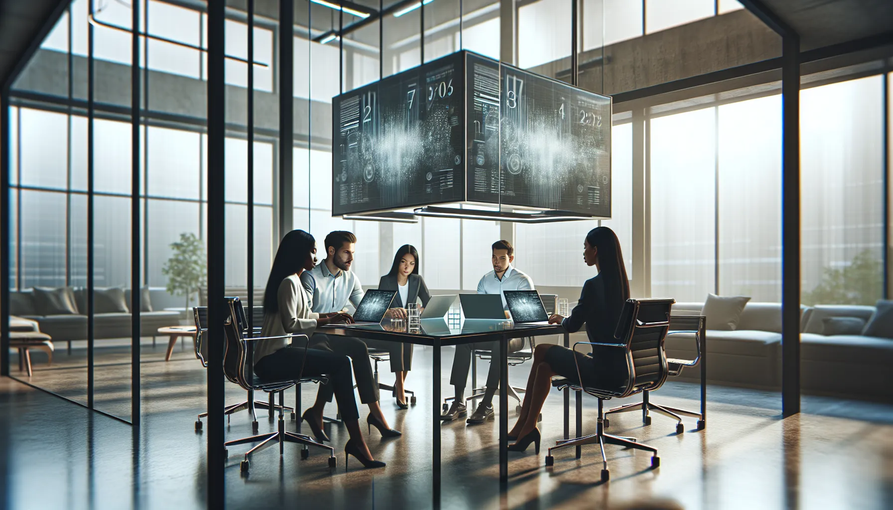 diverse team discussing technology data in a modern office.