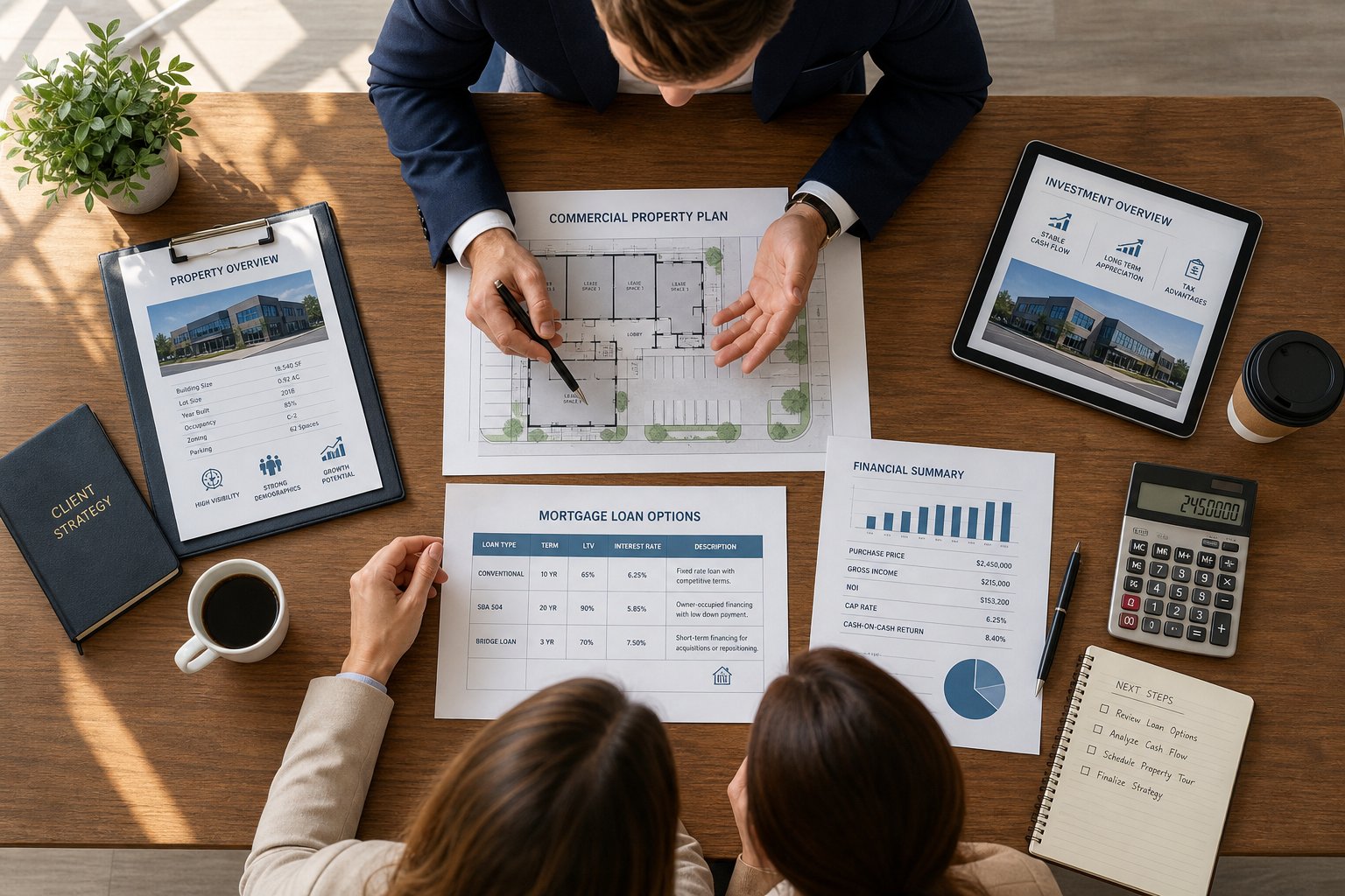Overhead view of a commercial mortgage planning session with documents and tablet on a desk.
