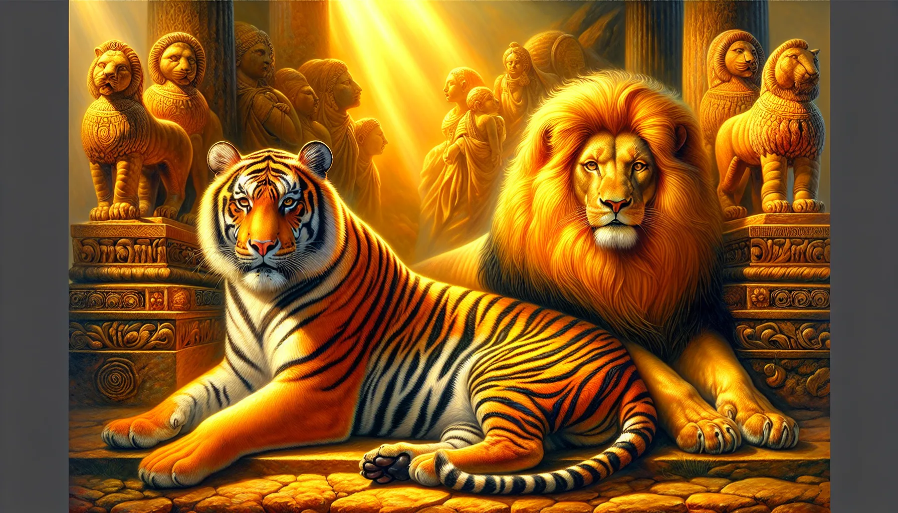 A tiger and lion facing each other in a savannah setting.