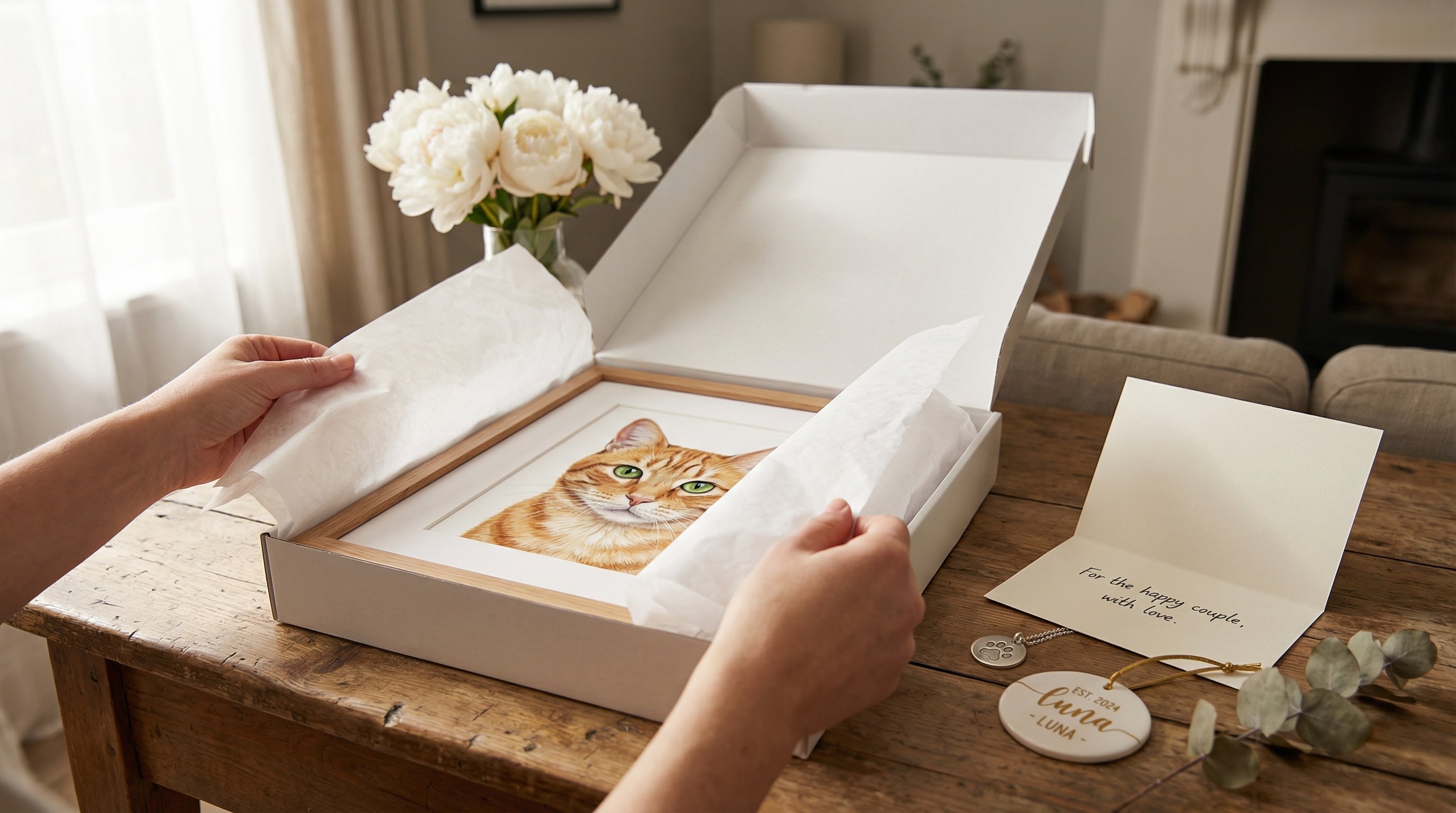 Unwrapping a personalized cat portrait gift with keepsakes on a table.