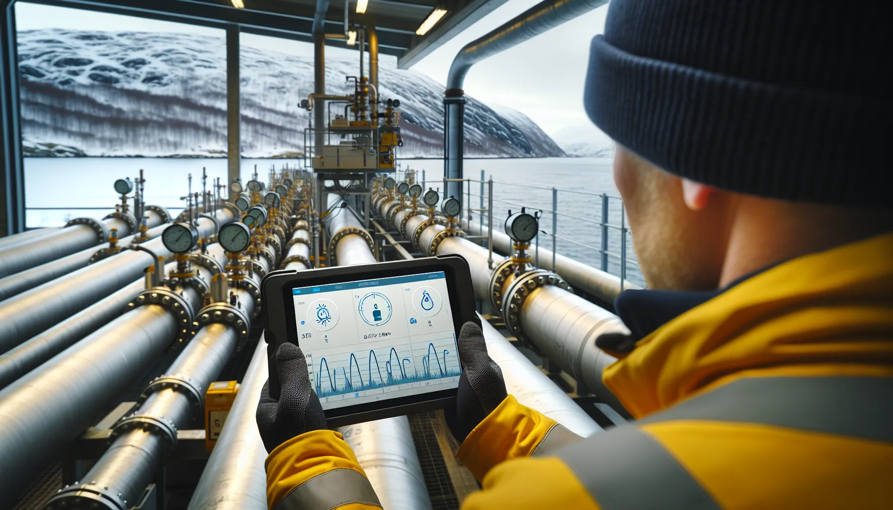 Hvordan bruke iot for å overvåke rørsystemer i sanntid en side dedikert til rør, rørsystemer og rørteknologi 4 Technician checks real-time pipeline iot dashboard beside sensor-equipped pipes in norway.