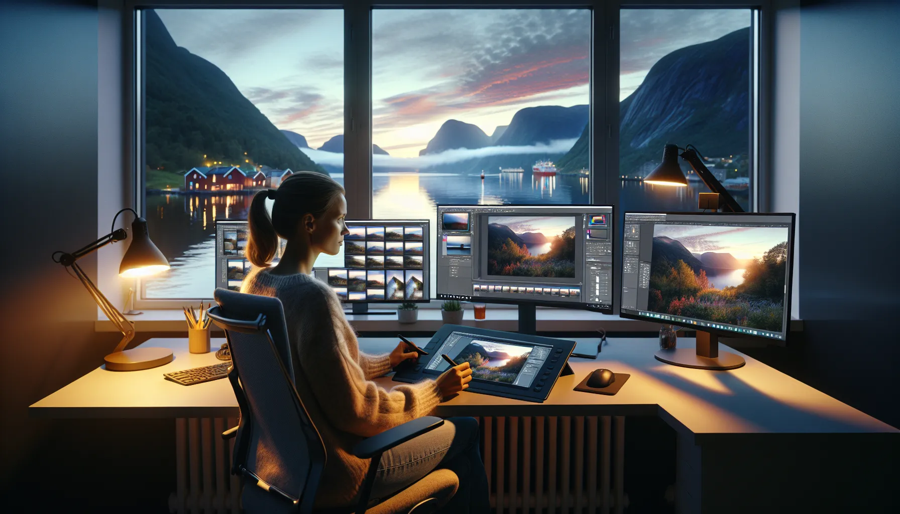 Norwegian designer contrasts manual editing and ai-generated images on dual monitors.