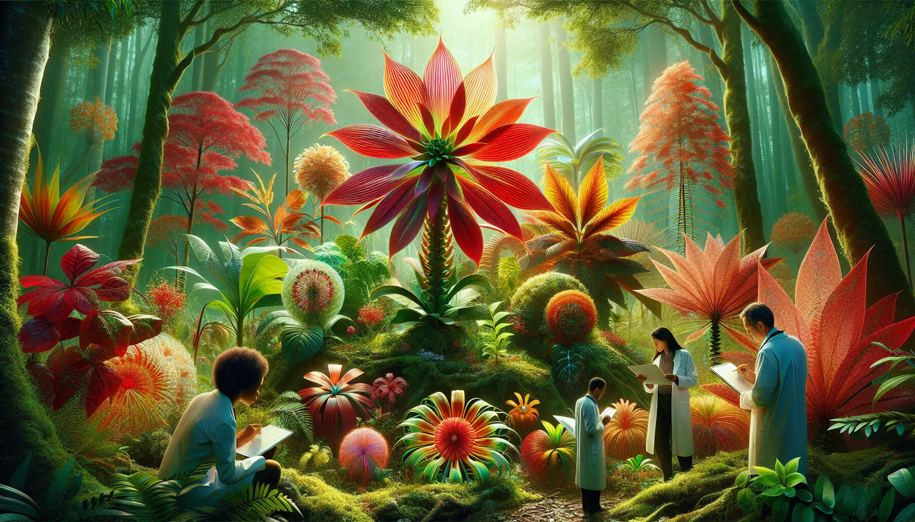 Vibrant Redlaylla plants in a forest, with researchers examining them.