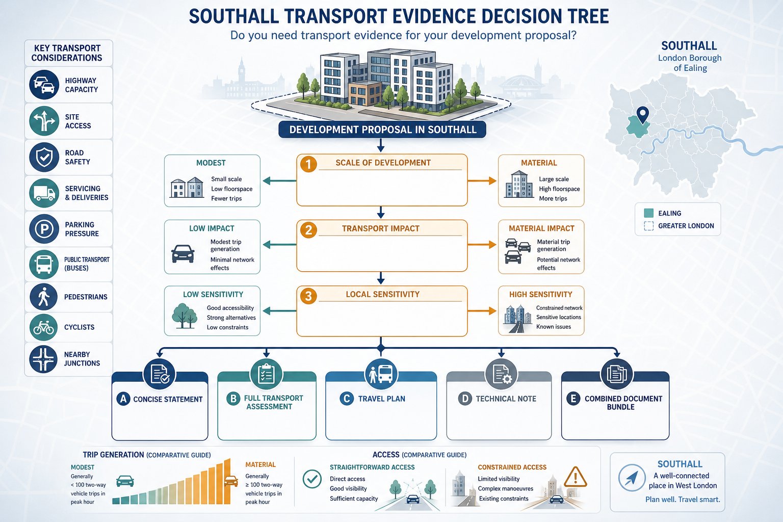 Decision infographic showing when transport statements or assessments are needed in Southall.
