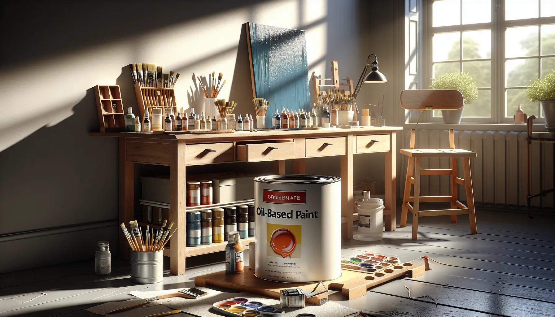 A workshop showcasing tools and an oil-based paint application on a wooden cabinet.