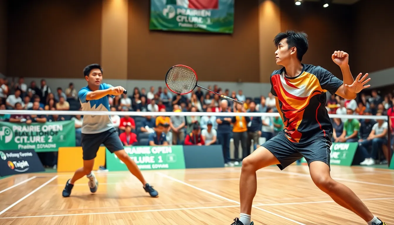 athletic badminton match at the Prairie Open with diverse players.