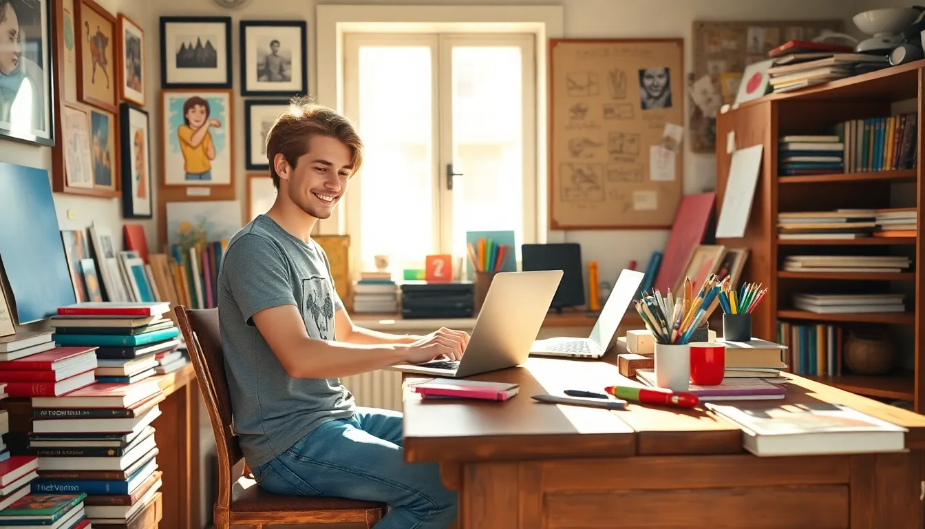 a young man working on a laptop surrounded by books and art supplies.