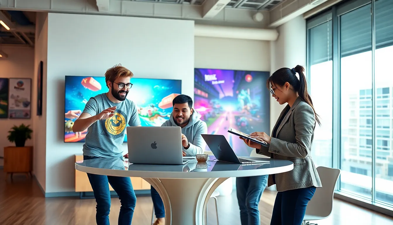 a diverse team of game developers collaborating in a bright, modern office.