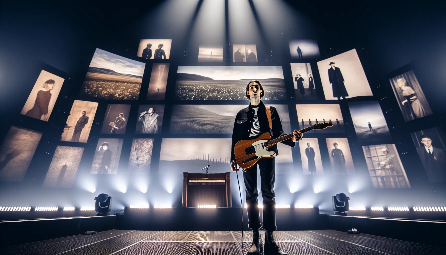 Modern norwegian musician on stage with visuals of fjords and musical history.