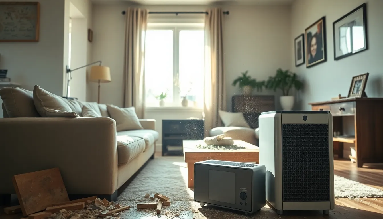 A dust-covered living room with small construction debris in sunlight.