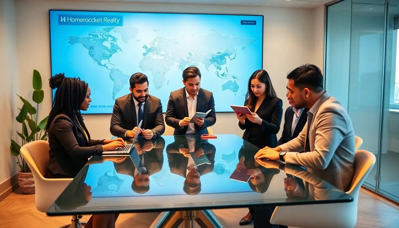 diverse real estate team collaborating in a modern office setting.