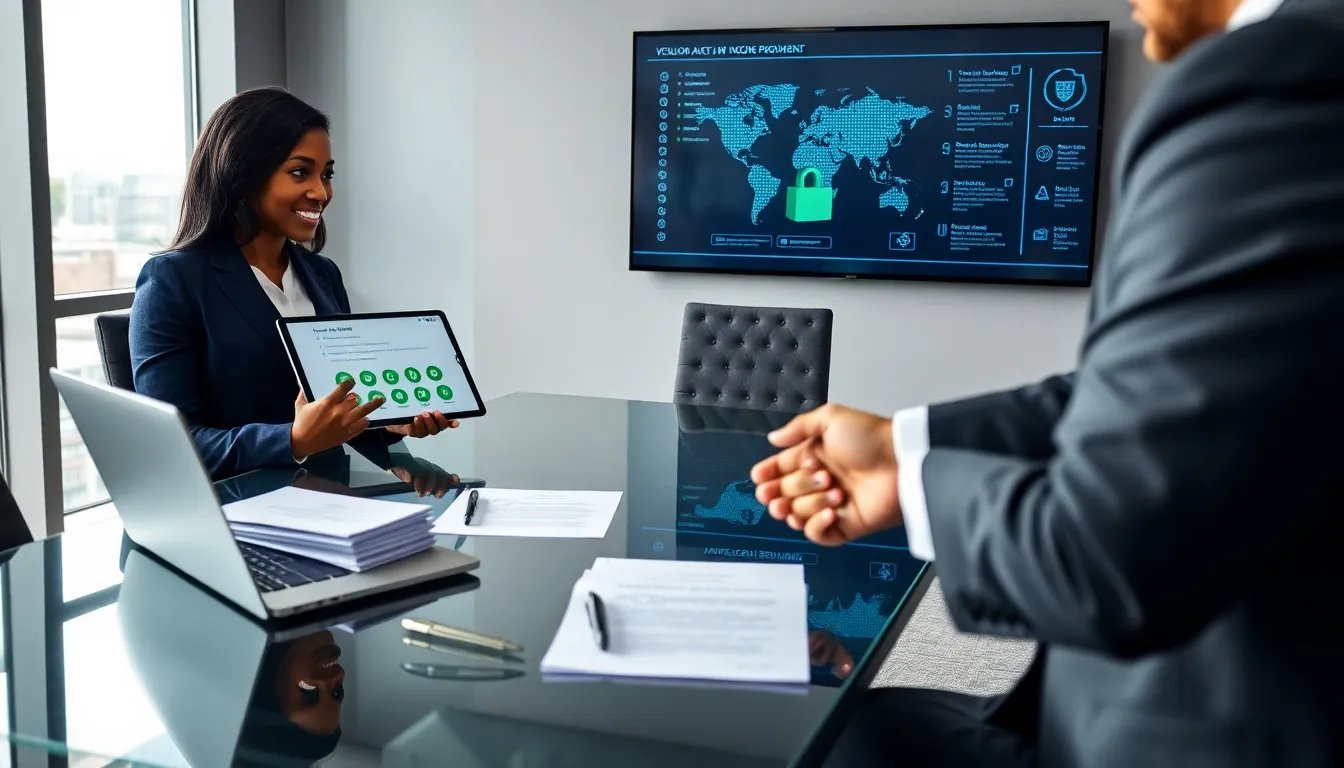 Business leader reviewing verified vendor dashboard and shaking hands in boardroom.