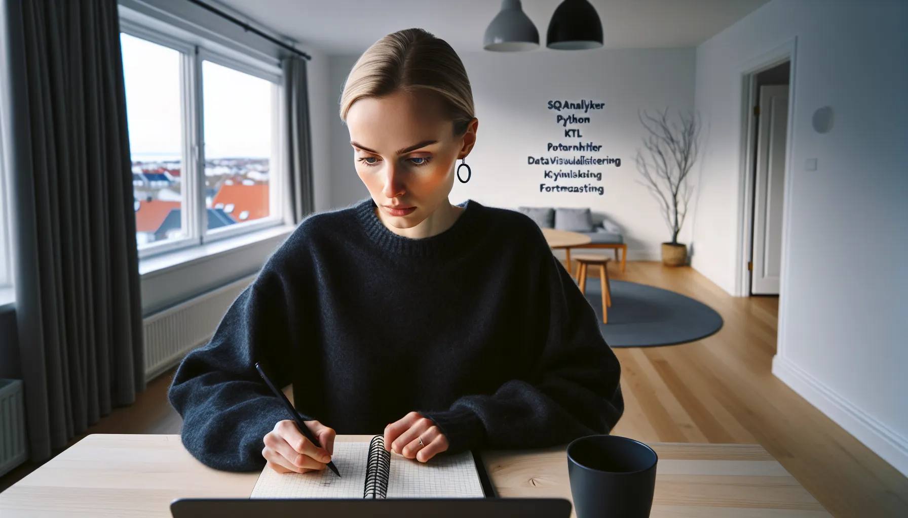 Norwegian woman refining linkedin profile with targeted bilingual keywords and job ads.