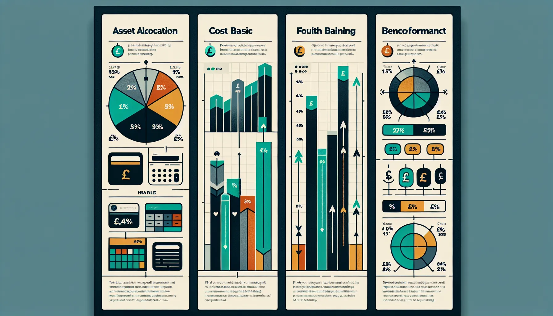 Three-panel infographic showing crypto portfolio metrics: allocation pie chart, profit/loss bars, and benchmark comparison columns.
